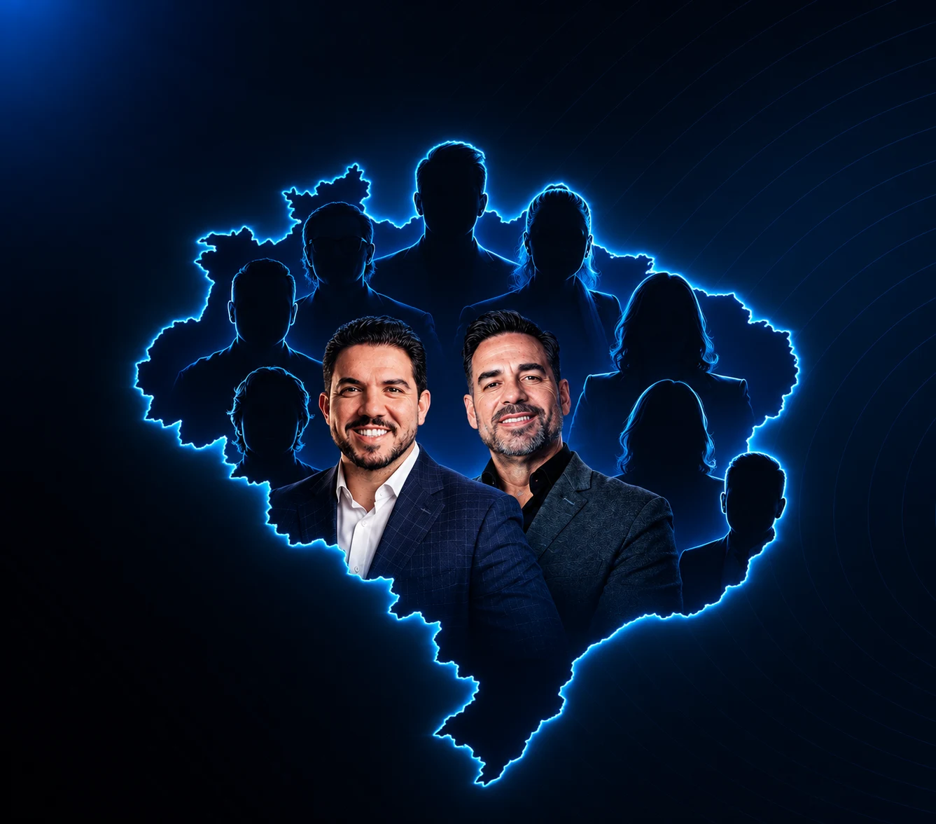 Daniel Pedro e Leandro Ozório dentro do mapa do Brasil em luz neon, ao lado de silhuetas dos convidados que serão revelados